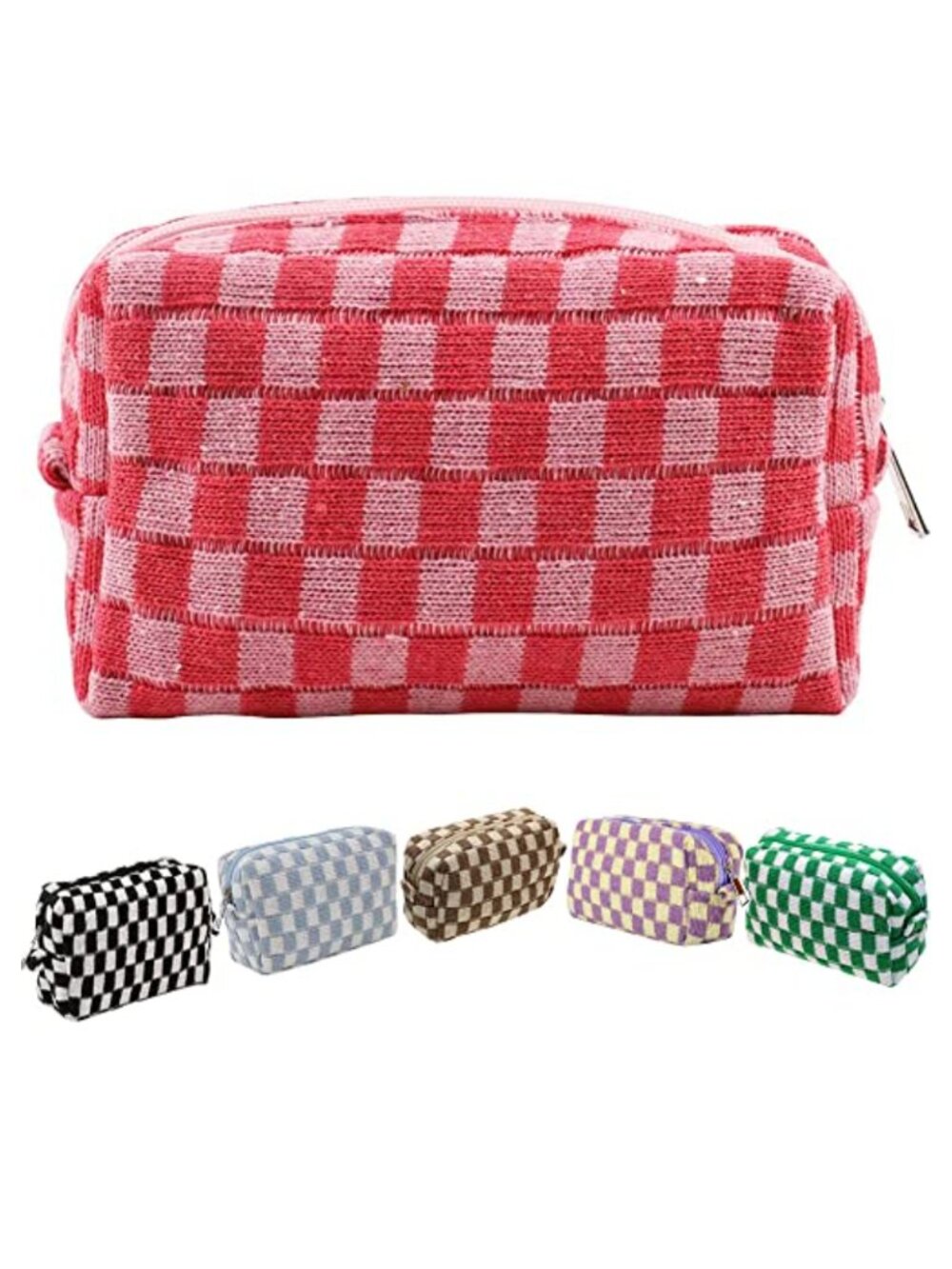 Checkered Canvas Cosmetic Bag Makeup Organizer Travel Toiletry Pencil Case